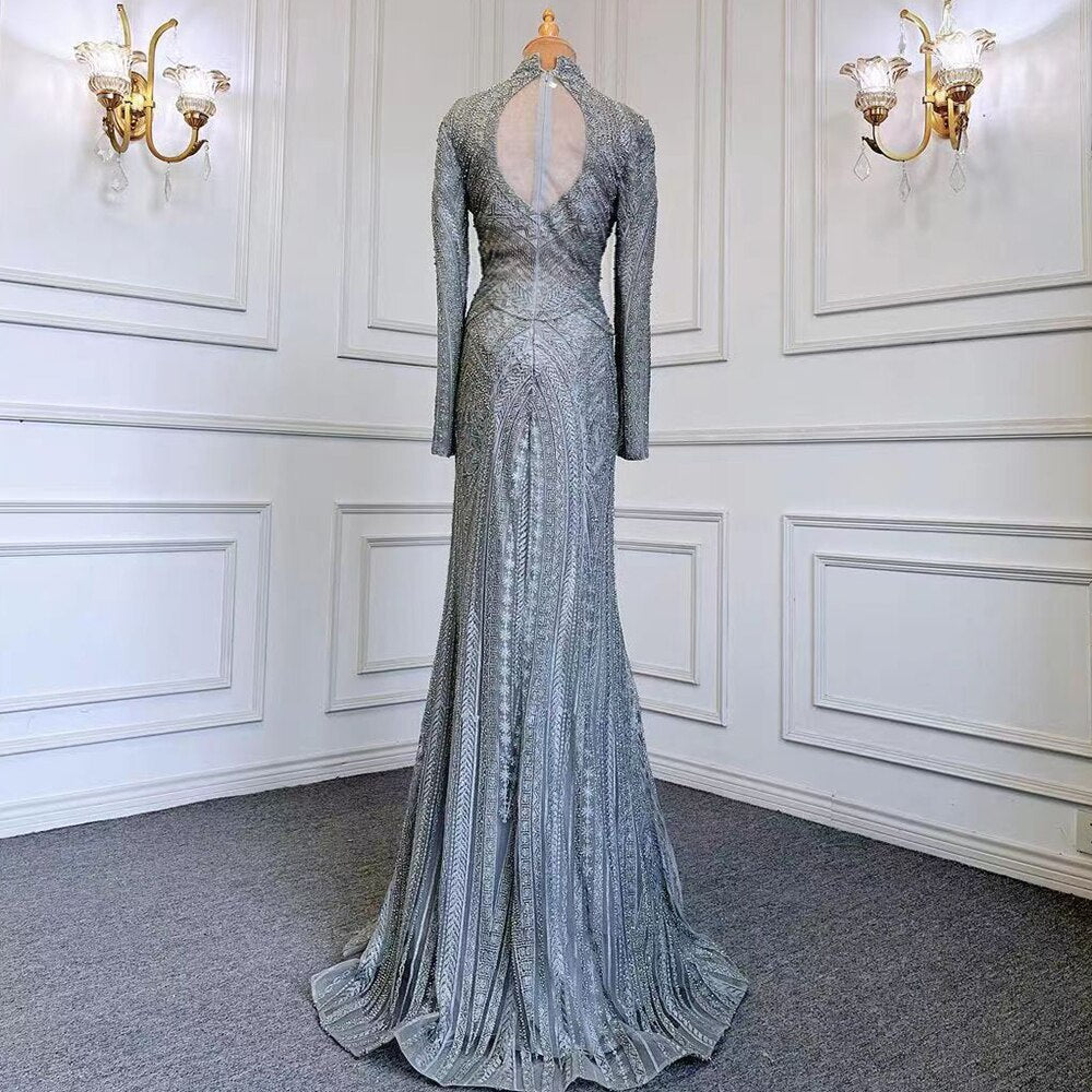 Blau Muslimischen Meerjungfrau Elegante High Neck Abendkleider Kleider Luxus Perlen 2025 Für Frauen Party LA71742 