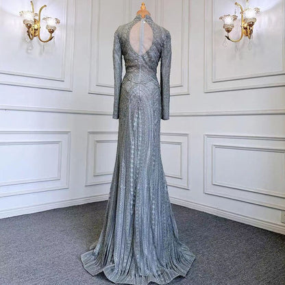 Blau Muslimischen Meerjungfrau Elegante High Neck Abendkleider Kleider Luxus Perlen 2025 Für Frauen Party LA71742 