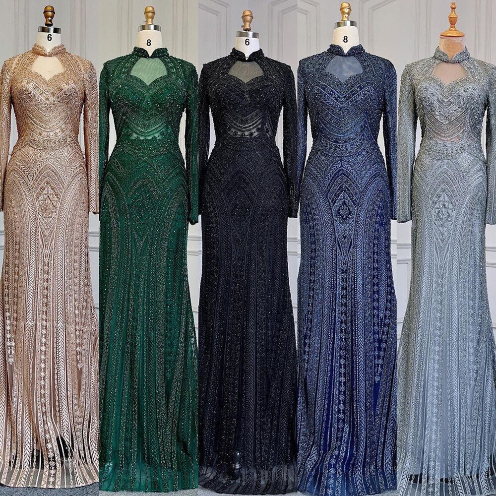 Blau Muslimischen Meerjungfrau Elegante High Neck Abendkleider Kleider Luxus Perlen 2025 Für Frauen Party LA71742 