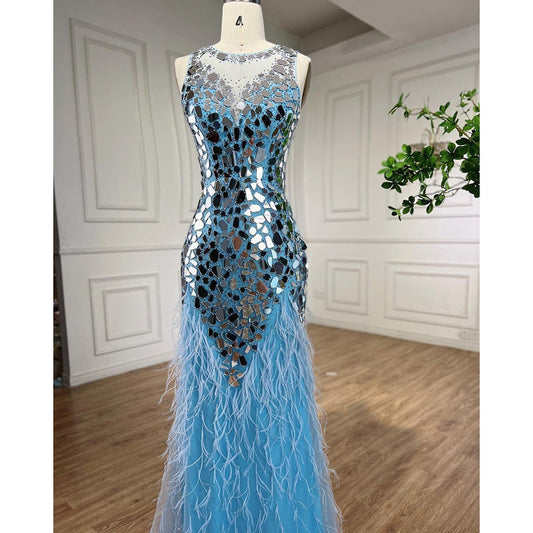 Blau Oansatz Tank Ärmellose Federn Meerjungfrau Abendkleider Elegante Formale Party Kleider Für Frauen 2025 LA72081 
