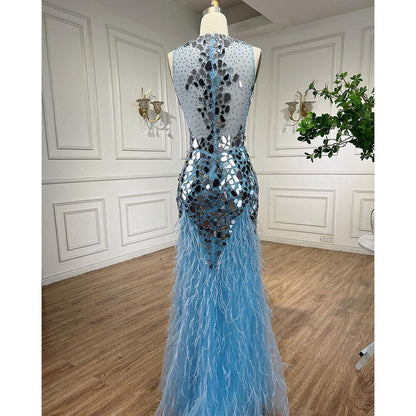 Blau Oansatz Tank Ärmellose Federn Meerjungfrau Abendkleider Elegante Formale Party Kleider Für Frauen 2025 LA72081 