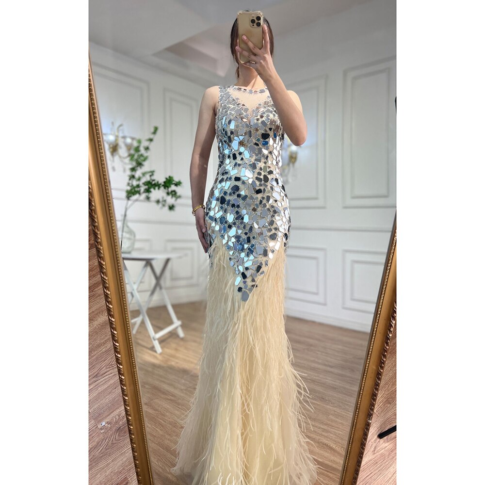 Blau Oansatz Tank Ärmellose Federn Meerjungfrau Abendkleider Elegante Formale Party Kleider Für Frauen 2025 LA72081 