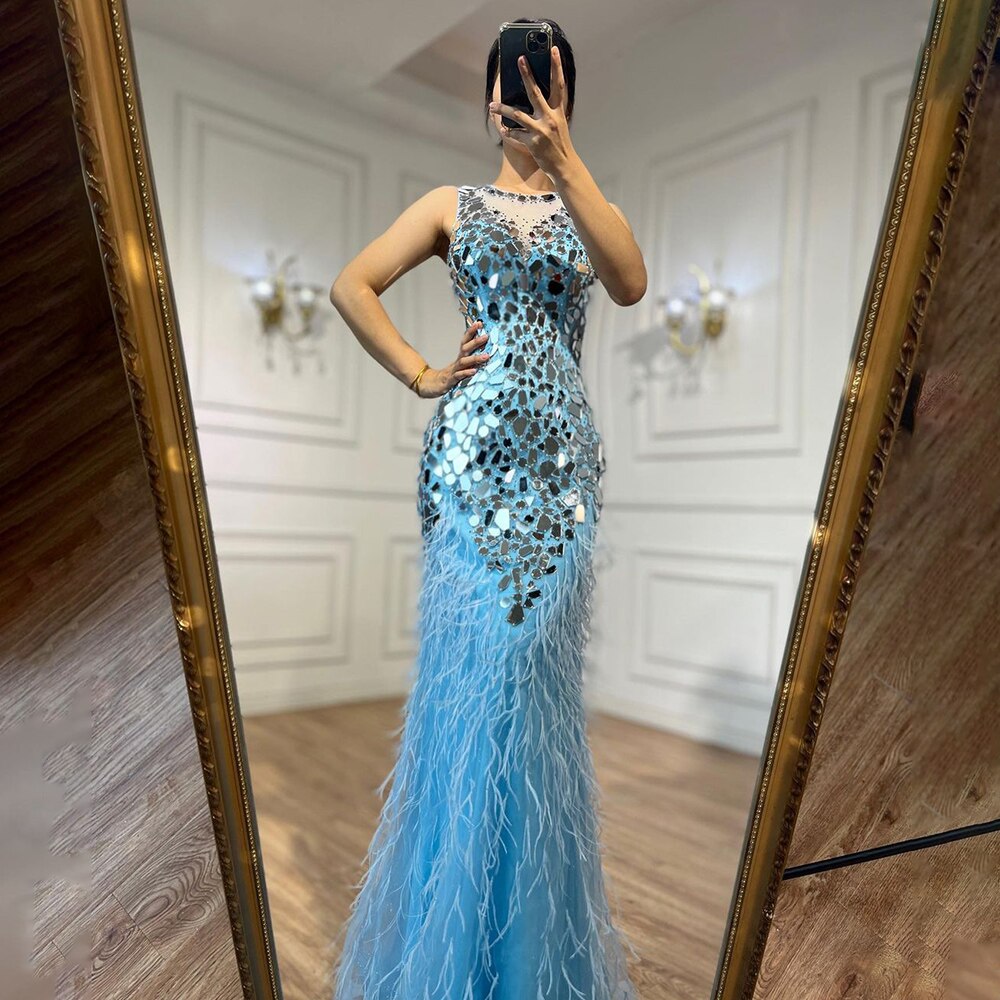 Blau Oansatz Tank Ärmellose Federn Meerjungfrau Abendkleider Elegante Formale Party Kleider Für Frauen 2025 LA72081 