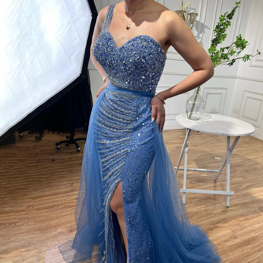 Vestido de noche elegante de sirena con un hombro al descubierto y abertura alta, con cuentas y sobrefalda, para mujer, fiesta, LA71825 