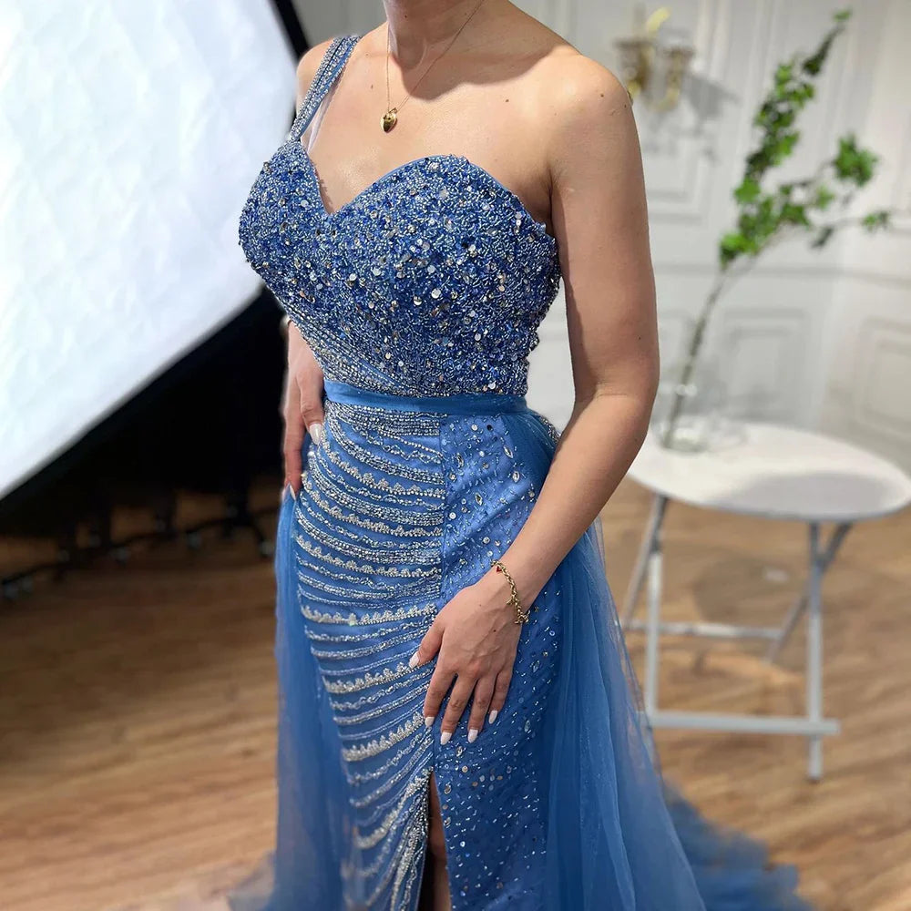 Blue One Shoulder High Split Mermaid Elegant Beaded With Overskirt Evening Dresses Gowns For Women Party LA71825
