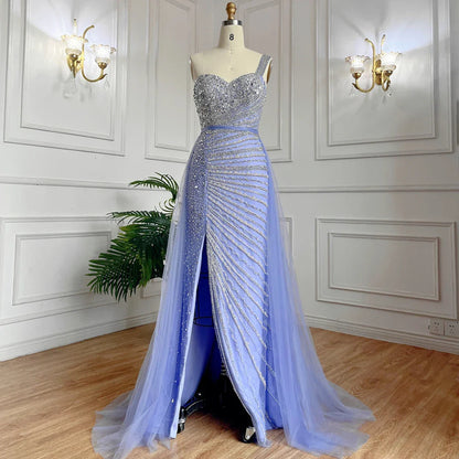 Vestido de noche elegante de sirena con un hombro al descubierto y abertura alta, con cuentas y sobrefalda, para mujer, fiesta, LA71825 
