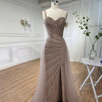 Blue One Shoulder High Split Mermaid Elegant Beaded With Overskirt Evening Dresses Gowns For Women Party LA71825