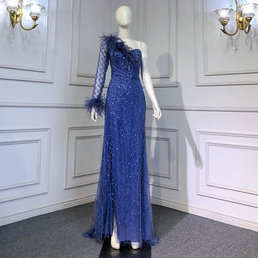 Vestido de noche azul sirena de un solo hombro, elegante, de lujo, con plumas y cuentas, para mujer, fiesta, LA71612 