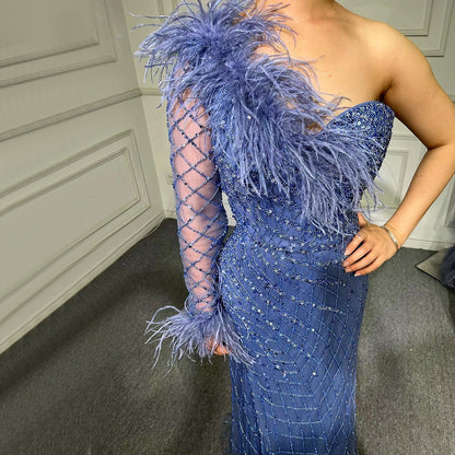Vestido de noche azul sirena de un solo hombro, elegante, de lujo, con plumas y cuentas, para mujer, fiesta, LA71612 