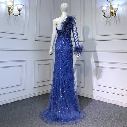 Vestido de noche azul sirena de un solo hombro, elegante, de lujo, con plumas y cuentas, para mujer, fiesta, LA71612 
