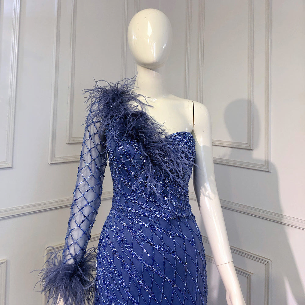 Vestido de noche azul sirena de un solo hombro, elegante, de lujo, con plumas y cuentas, para mujer, fiesta, LA71612 