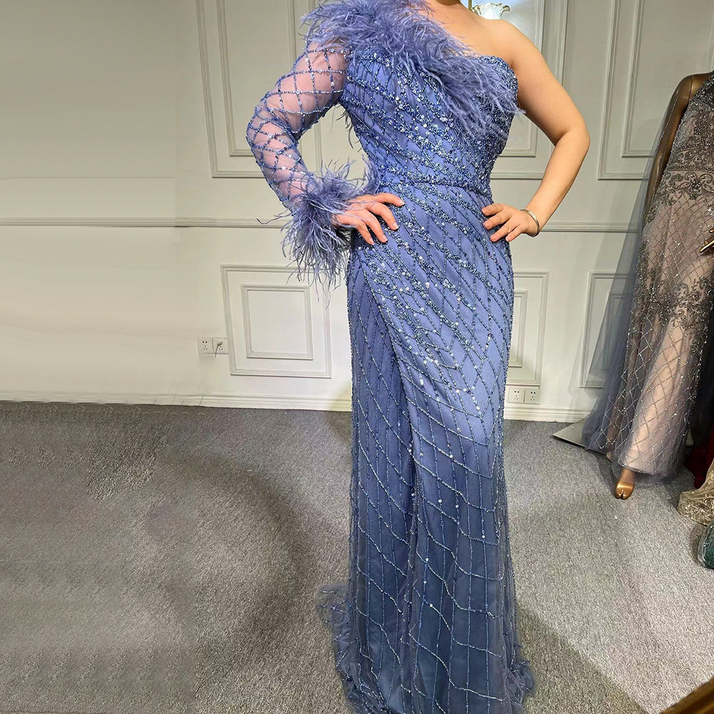 Vestido de noche azul sirena de un solo hombro, elegante, de lujo, con plumas y cuentas, para mujer, fiesta, LA71612 