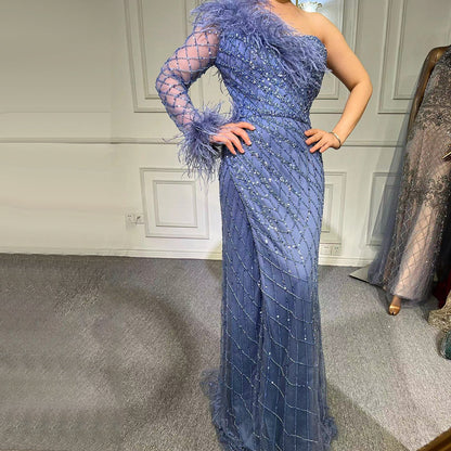Vestido de noche azul sirena de un solo hombro, elegante, de lujo, con plumas y cuentas, para mujer, fiesta, LA71612 