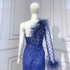 Blue One Shoulder Mermaid Evening Dresses Gowns 2025 Beaded Feather Elegant Luxury For Women Party LA71612