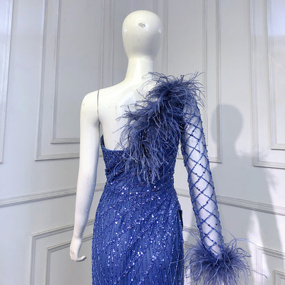 Vestido de noche azul sirena de un solo hombro, elegante, de lujo, con plumas y cuentas, para mujer, fiesta, LA71612 