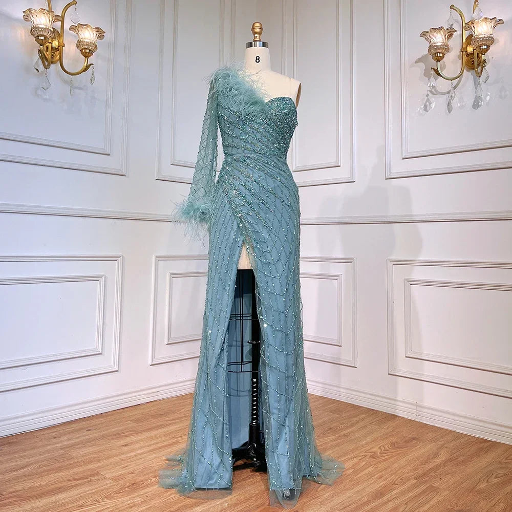 Vestido de noche azul sirena de un solo hombro con cuentas y plumas, elegante, de lujo, para mujer, fiesta, LA71612 