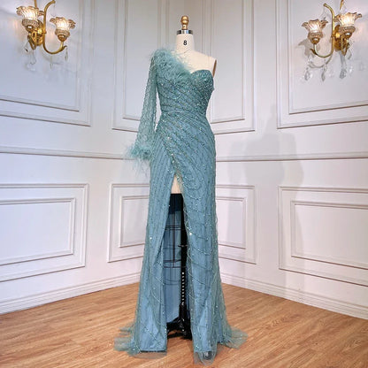 Vestido de noche azul sirena de un solo hombro con cuentas y plumas, elegante, de lujo, para mujer, fiesta, LA71612 