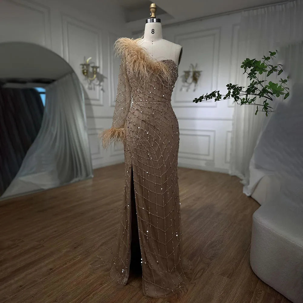 Vestido de noche azul sirena de un solo hombro con cuentas y plumas, elegante, de lujo, para mujer, fiesta, LA71612 