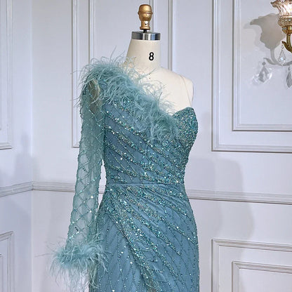 Vestido de noche azul sirena de un solo hombro con cuentas y plumas, elegante, de lujo, para mujer, fiesta, LA71612 