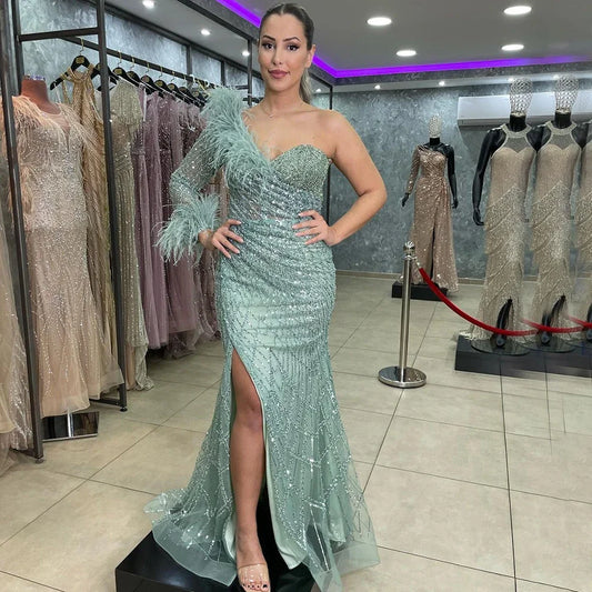 Vestido de noche azul sirena de un solo hombro con cuentas y plumas, elegante, de lujo, para mujer, fiesta, LA71612 