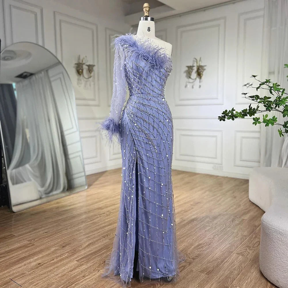 Vestido de noche azul sirena de un solo hombro con cuentas y plumas, elegante, de lujo, para mujer, fiesta, LA71612 