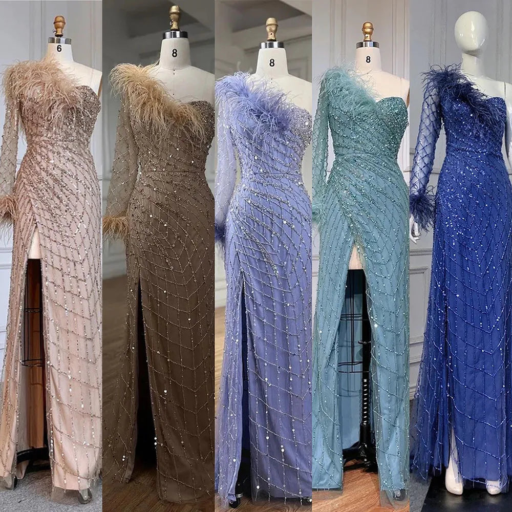 Blau Eine Schulter Meerjungfrau Abendkleider Kleider Perlen Feder Elegante Luxus 2025 Für Frauen Party LA71612