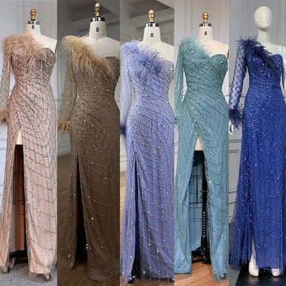 Vestido de noche azul sirena de un solo hombro con cuentas y plumas, elegante, de lujo, para mujer, fiesta, LA71612 