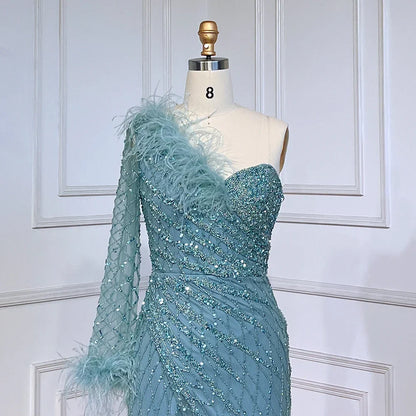 Vestido de noche azul sirena de un solo hombro con cuentas y plumas, elegante, de lujo, para mujer, fiesta, LA71612 