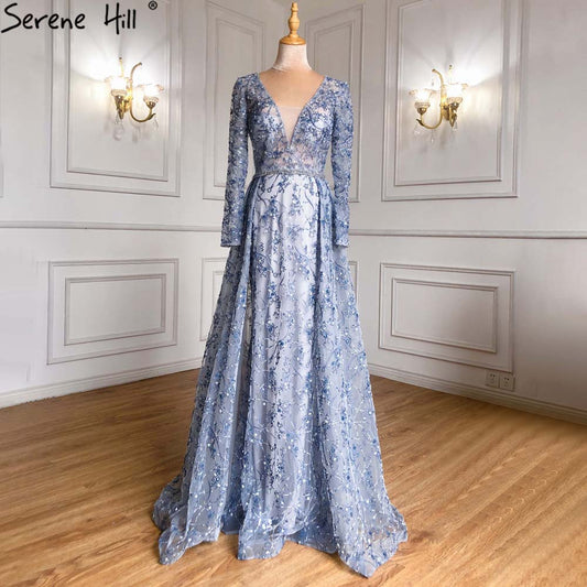 Vestido de noche de sirena con sobrefalda azul, elegante, de lujo, con cuentas, para mujer, fiesta, LA71376 