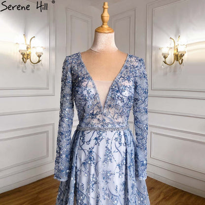 Vestido de noche de sirena con sobrefalda azul, elegante, de lujo, con cuentas, para mujer, fiesta, LA71376 