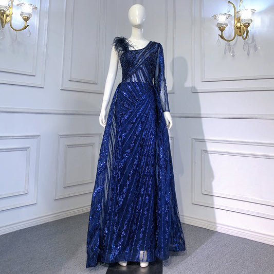 Vestido de noche de sirena con sobrefalda azul, elegante, de lujo, con cuentas y un solo hombro, para mujer, fiesta, LA71608 