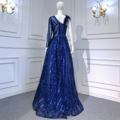 Vestido de noche de sirena con sobrefalda azul, elegante, de lujo, con cuentas y un solo hombro, para mujer, fiesta, LA71608 