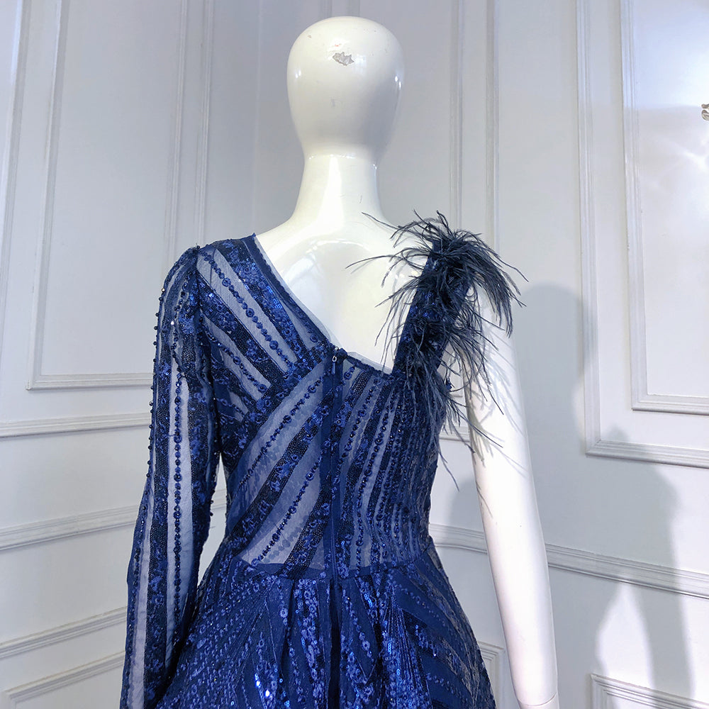 Vestido de noche de sirena con sobrefalda azul, elegante, de lujo, con cuentas y un solo hombro, para mujer, fiesta, LA71608 