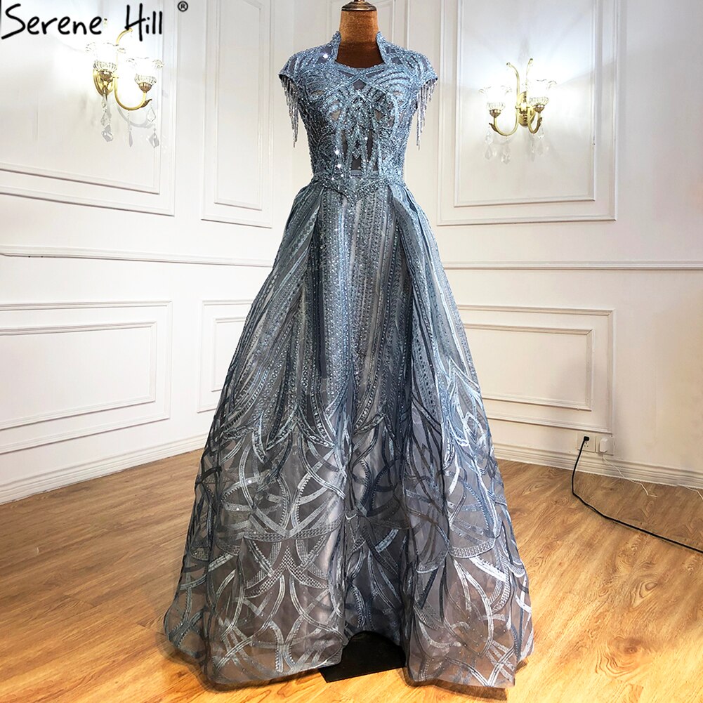 Vestido de noche azul de talla grande con encaje y cuentas, corte A, de lujo, con borlas, sexy, para mujer, fiesta, LA70969 