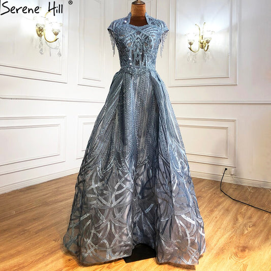 Vestido de noche azul de talla grande con encaje y cuentas, corte A, de lujo, con borlas, sexy, para mujer, fiesta, LA70969 