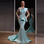Blau Satin Perlen Meerjungfrau Abendkleider Kleider 2025 Elegante Luxus Kleider Für Frauen Party LA71180 