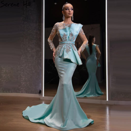 Blau Satin Perlen Meerjungfrau Abendkleider Kleider 2025 Elegante Luxus Kleider Für Frauen Party LA71180 
