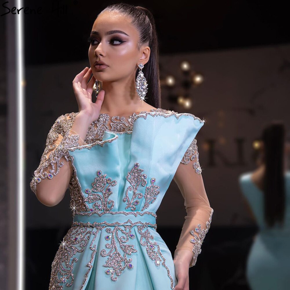 Blue Satin Beaded Mermaid  Evening Dresses Gowns 2025 Elegant Luxury  Gowns For Women Party LA71180