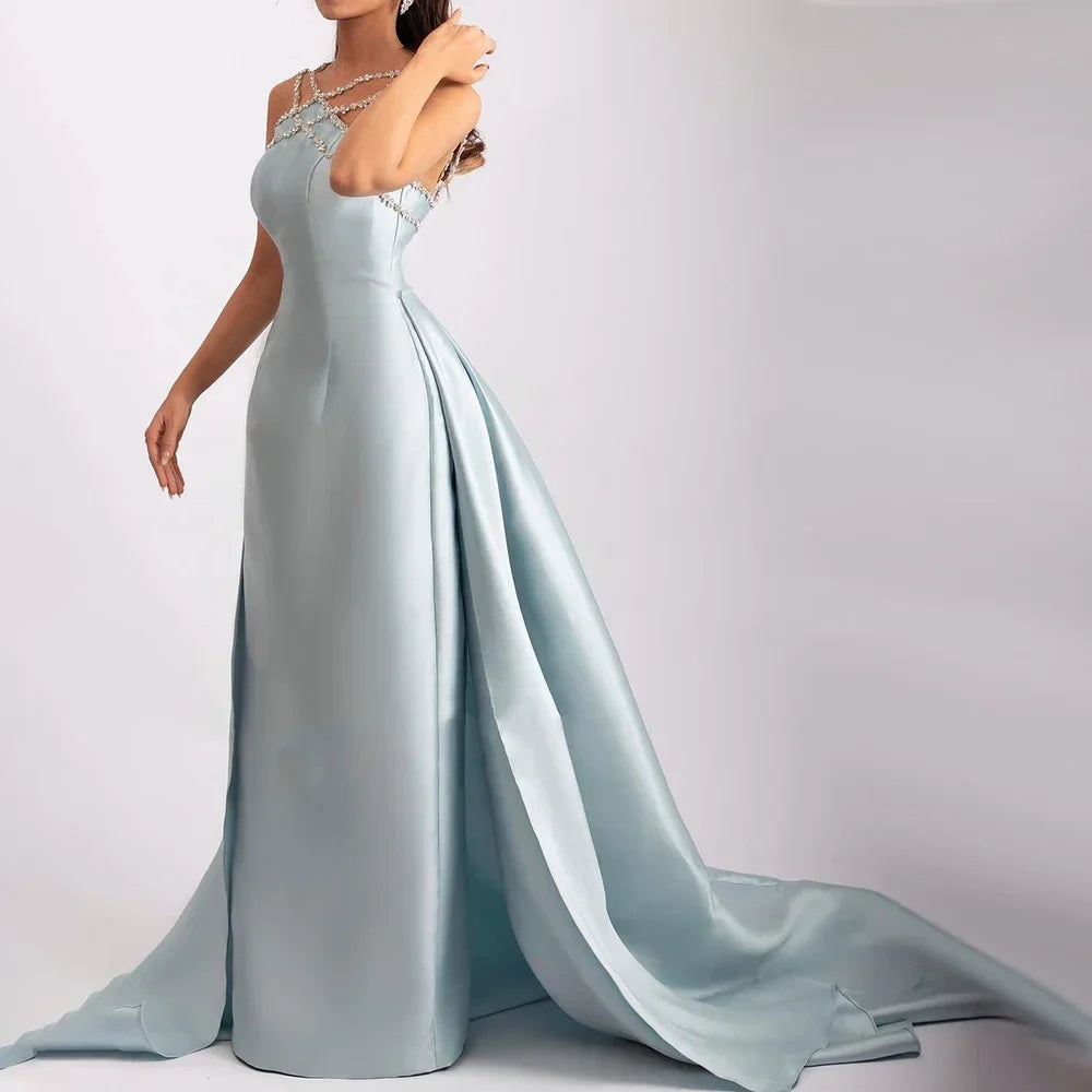 Elegantes hellblaues arabisches Abendkleid aus Satin mit Überrock LA72524