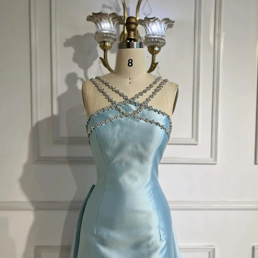 Elegant Light Blue Satin Arabic Evening Dress with Overskirt LA72524