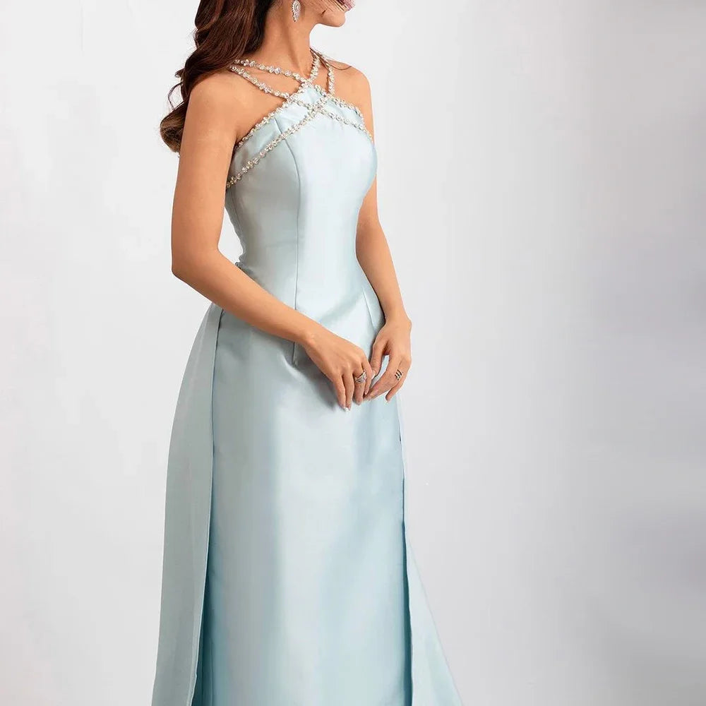 Elegant Light Blue Satin Arabic Evening Dress with Overskirt LA72524
