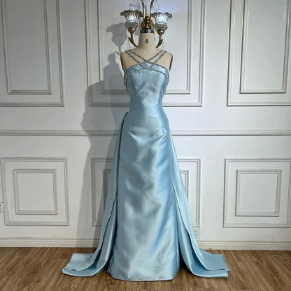 Elegantes hellblaues arabisches Abendkleid aus Satin mit Überrock LA72524