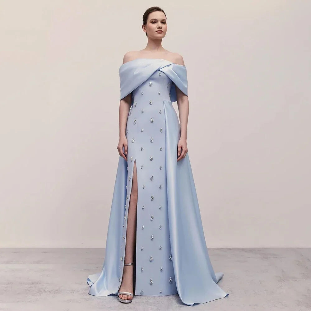 Vestido de noche azul de satén, sencillo, elegante, con abertura alta, corte sirena, cuello barco y cuentas, para mujer, fiesta 2025 LA72458 