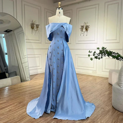 Blau Satin Einfache Elegante High Split Meerjungfrau Boot-ausschnitt Perlen Abendkleider Kleider für Frauen Party 2025 LA72458 