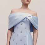 Vestido de noche azul de satén, sencillo, elegante, con abertura alta, corte sirena, cuello barco y cuentas, para mujer, fiesta 2025 LA72458 