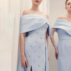 Vestido de noche azul de satén, sencillo, elegante, con abertura alta, corte sirena, cuello barco y cuentas, para mujer, fiesta 2025 LA72458 