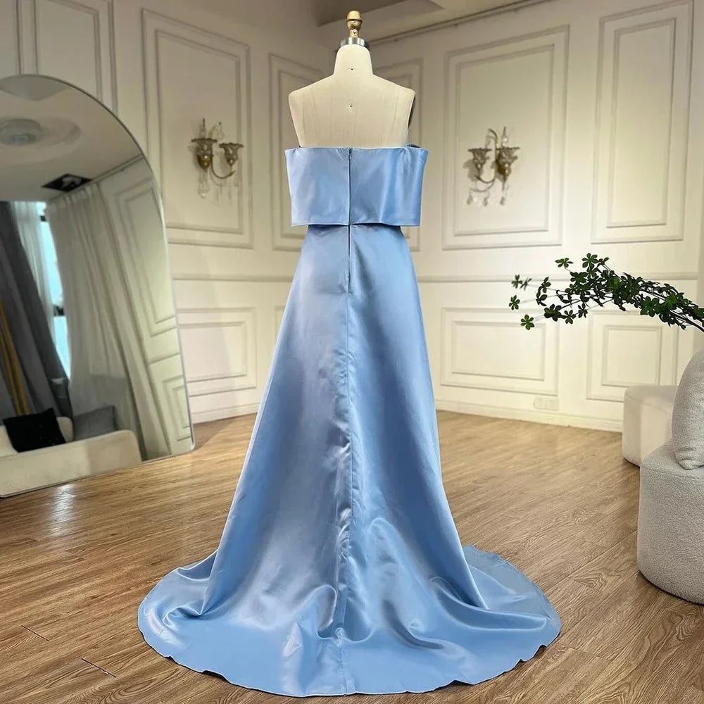 Vestido de noche azul de satén, sencillo, elegante, con abertura alta, corte sirena, cuello barco y cuentas, para mujer, fiesta 2025 LA72458 