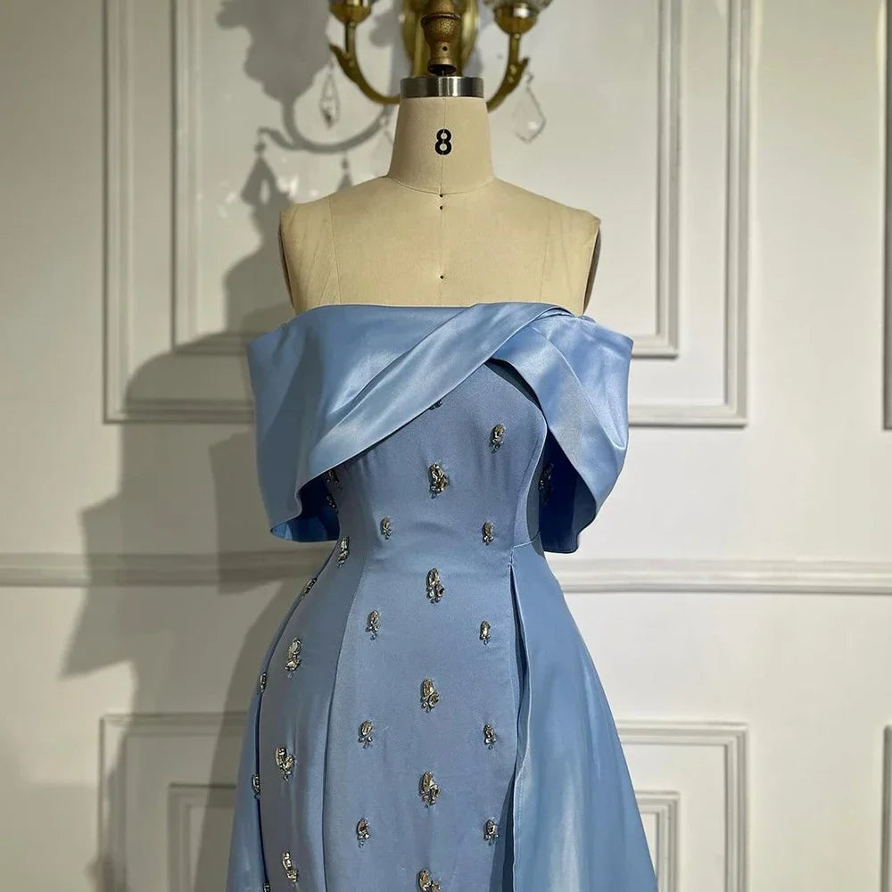 Vestido de noche azul de satén, sencillo, elegante, con abertura alta, corte sirena, cuello barco y cuentas, para mujer, fiesta 2025 LA72458 