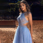 Vestido azul sexy de corte A con cuello halter y cuentas para graduación, fiesta escolar, vestidos de fiesta de celebridades LA71882 
