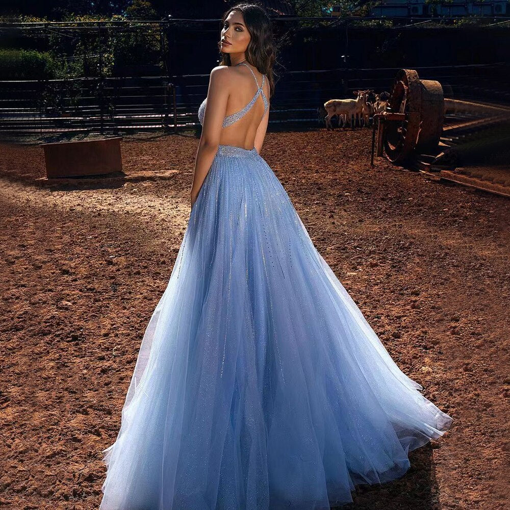 Vestido azul sexy de corte A con cuello halter y cuentas para graduación, fiesta escolar, vestidos de fiesta de celebridades LA71882 